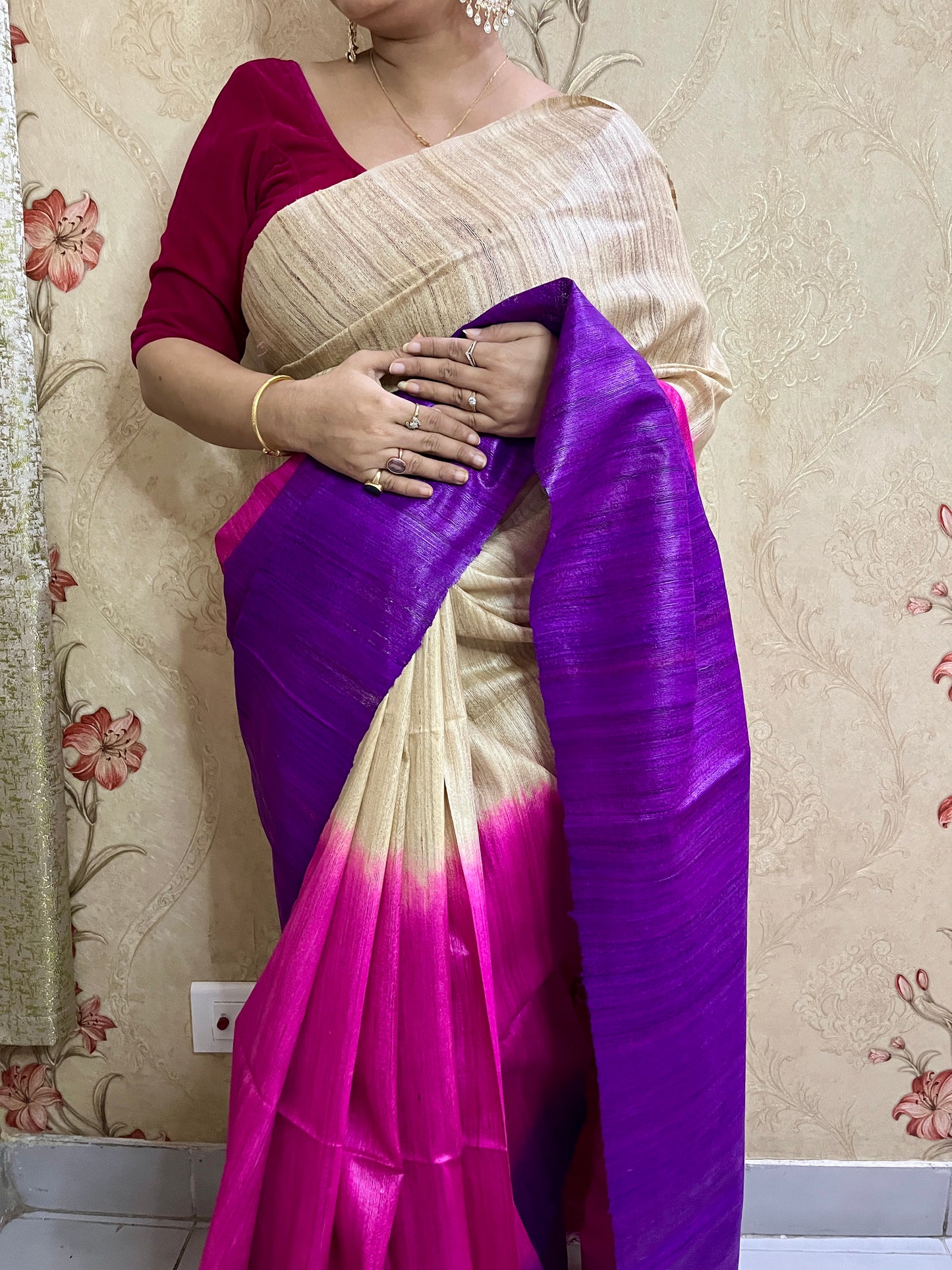 3D Ghicha Silk Saree (Onion & Violet) (Certified Silk Mark)