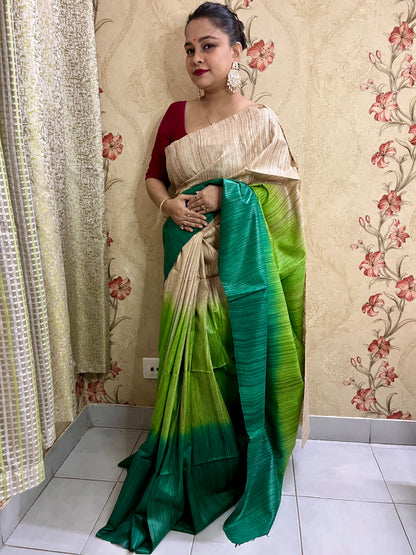 3D Ghicha Silk Saree (Leaf Green & Botttle Green) (Certified Silk Mark)