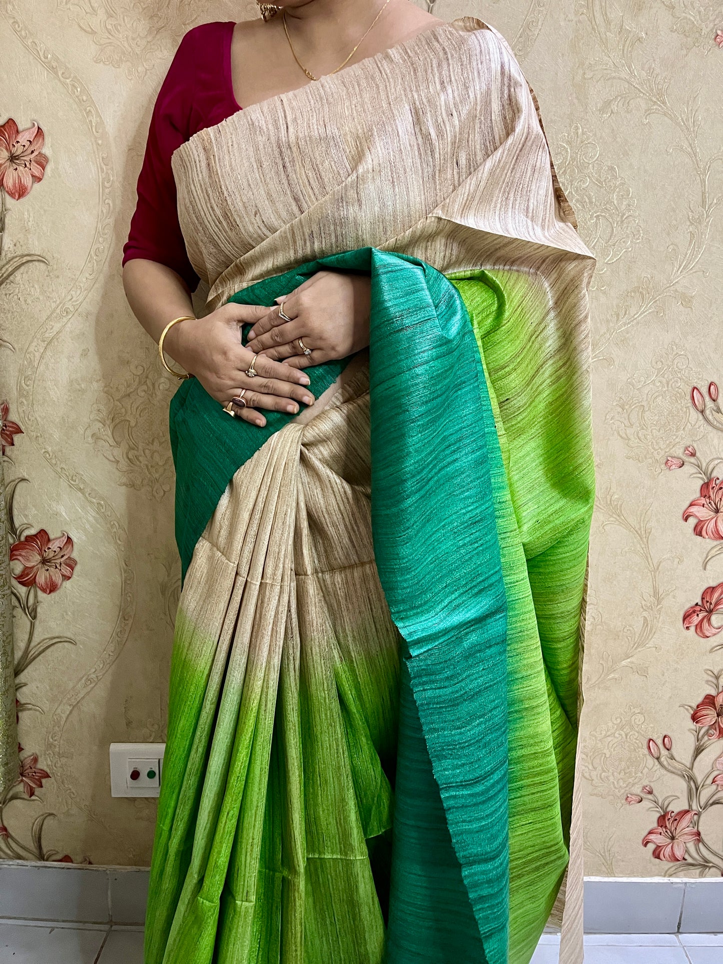 3D Ghicha Silk Saree (Leaf Green & Botttle Green) (Certified Silk Mark)