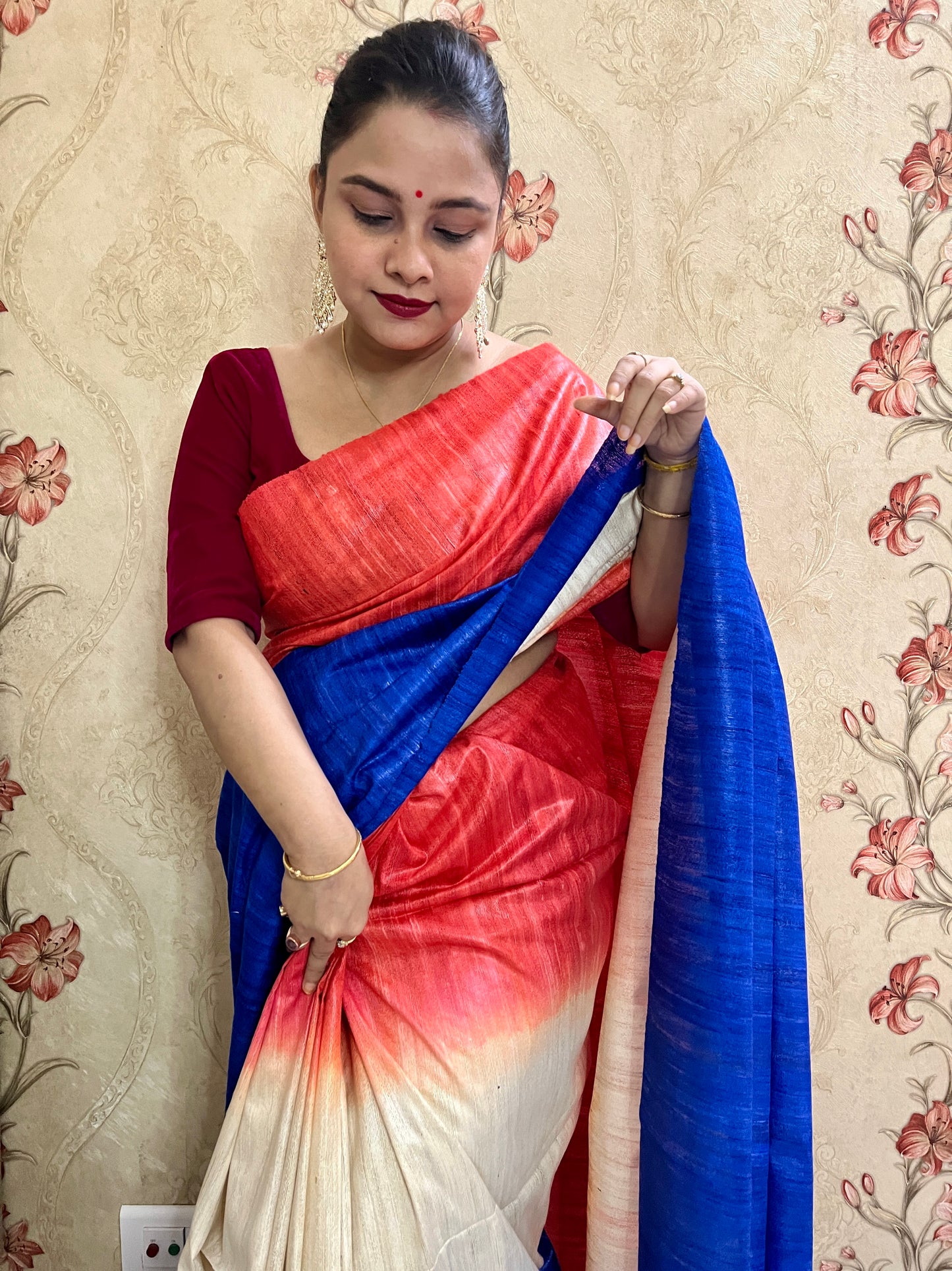 3D Ghicha Silk Saree (Red & Royal Blue) (Certified Silk Mark)