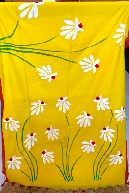 Hand Painted Mul-Cotton Saree (Yellow)