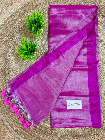 Purple Silver Linen Zari Saree with unstitched blouse piece