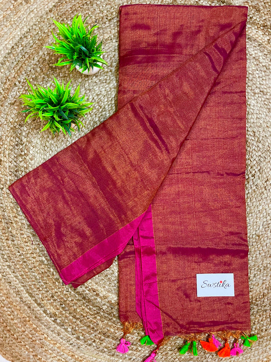 Maroon Golden Linen Zari Saree with unstitched blouse piece