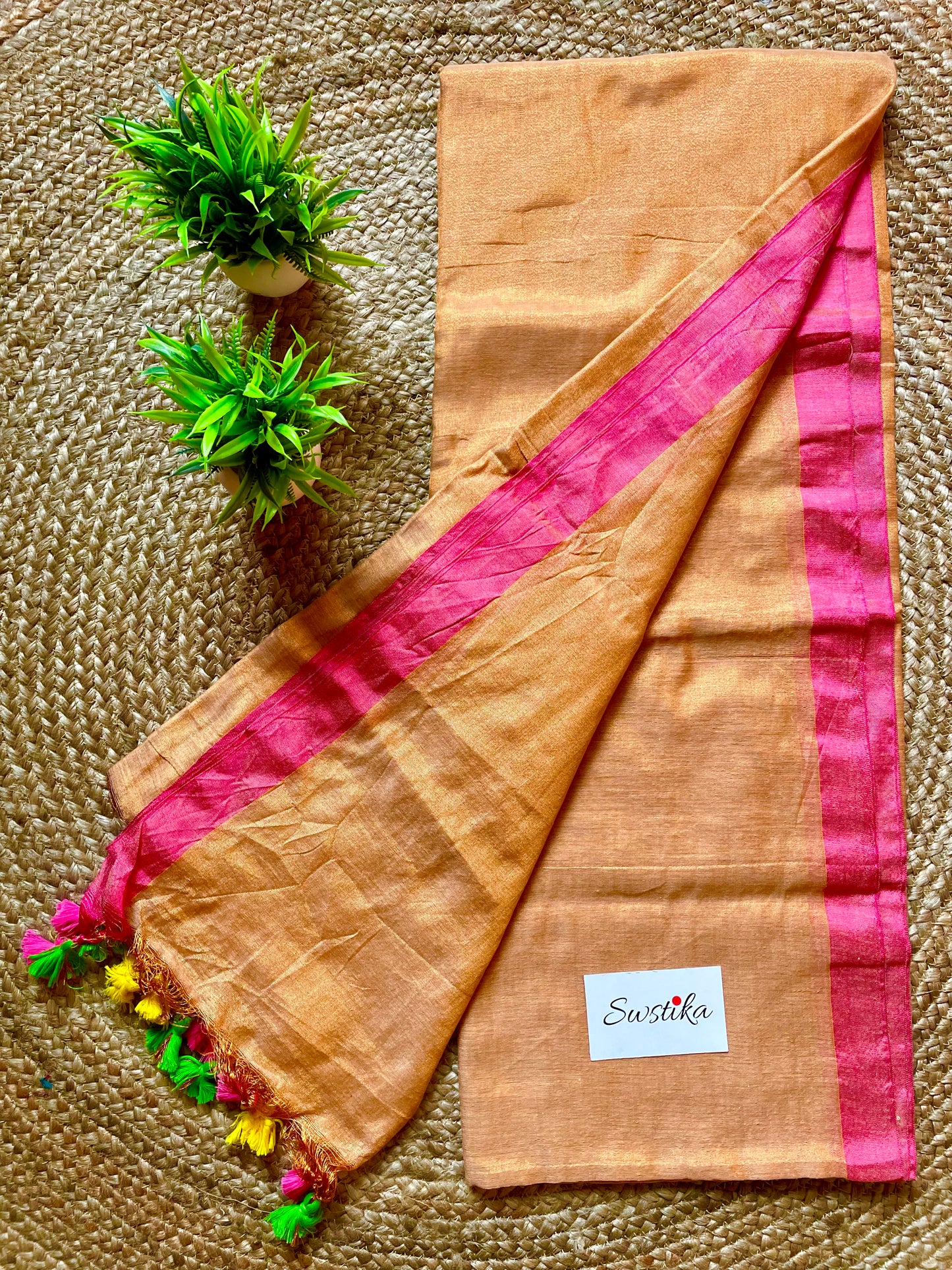 Beige Linen Zari Saree with unstitched blouse piece