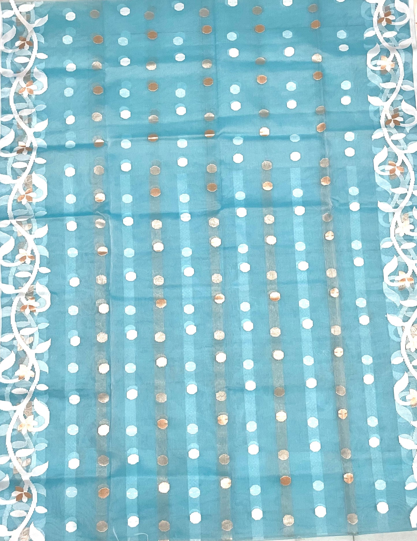 Sky Blue Resham Silk Muslin Handloom Jamdani Saree with unstitched Blouse