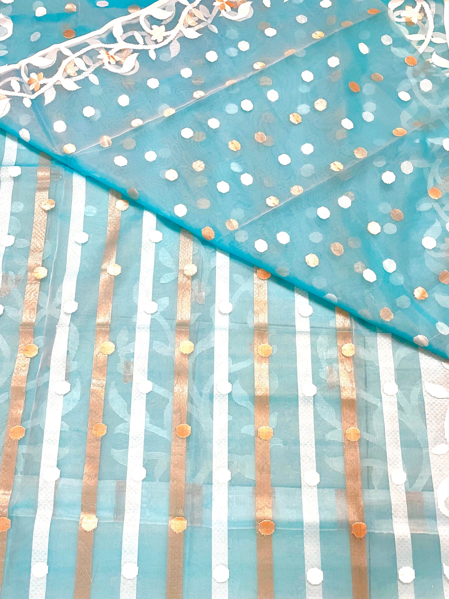 Sky Blue Resham Silk Muslin Handloom Jamdani Saree with unstitched Blouse