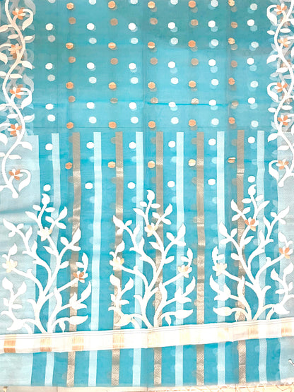 Sky Blue Resham Silk Muslin Handloom Jamdani Saree with unstitched Blouse