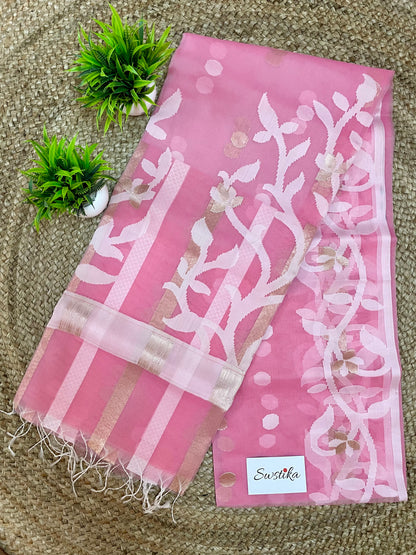 Peach Pink Resham Silk Muslin Handloom Jamdani Saree with unstitched Blouse