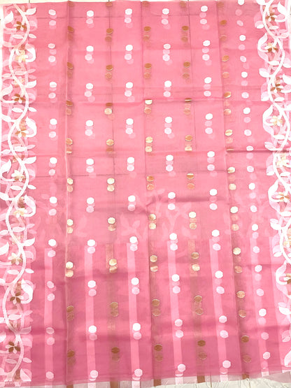 Peach Pink Resham Silk Muslin Handloom Jamdani Saree with unstitched Blouse