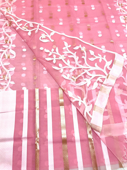 Peach Pink Resham Silk Muslin Handloom Jamdani Saree with unstitched Blouse