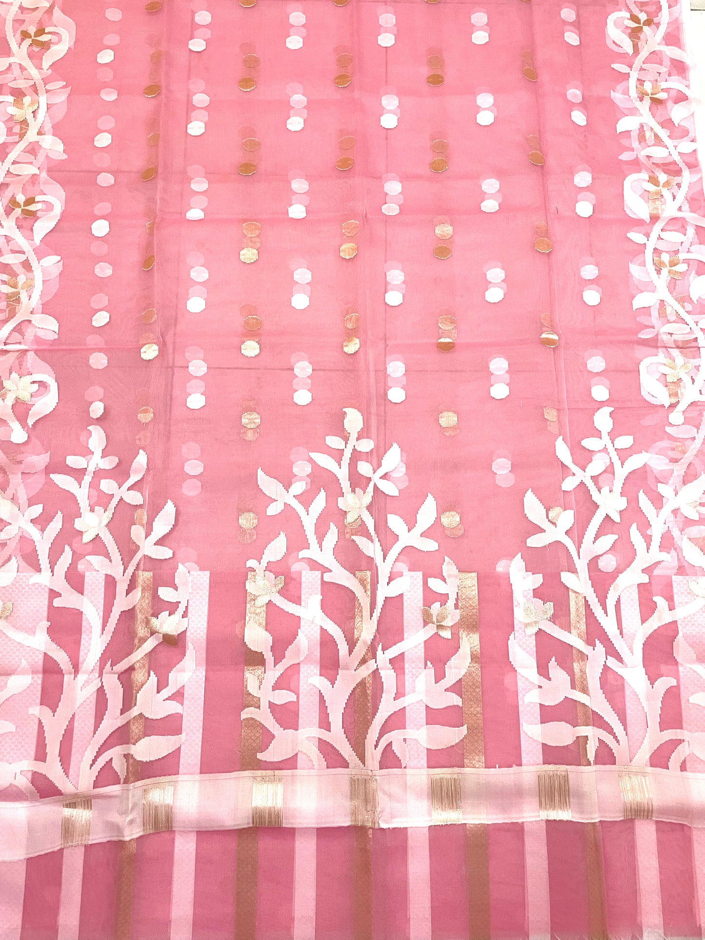 Peach Pink Resham Silk Muslin Handloom Jamdani Saree with unstitched Blouse