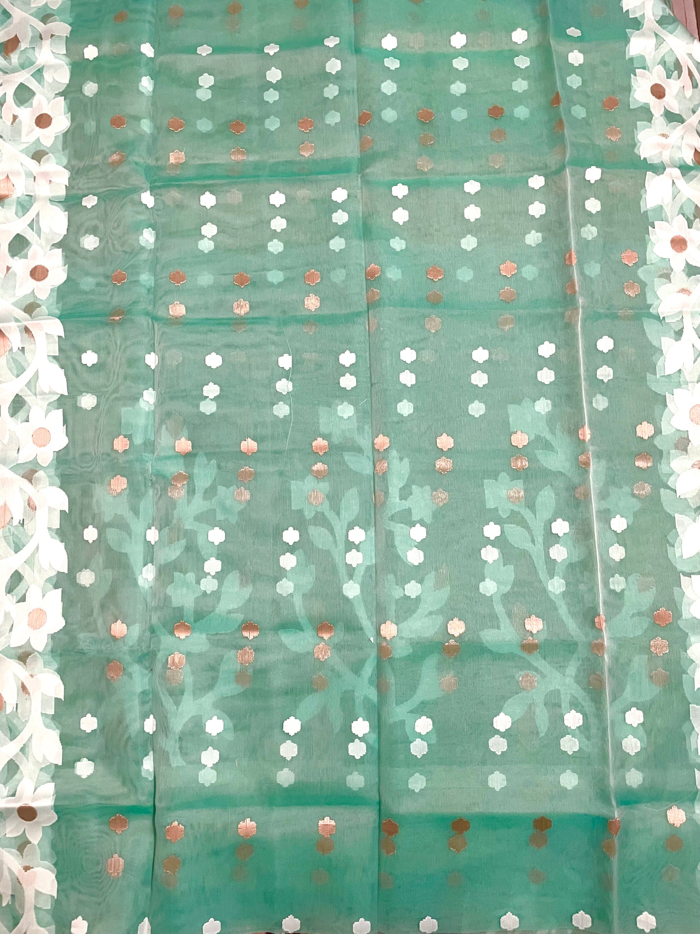 Sea Green Resham Silk Muslin Handloom Jamdani Saree with unstitched Blouse