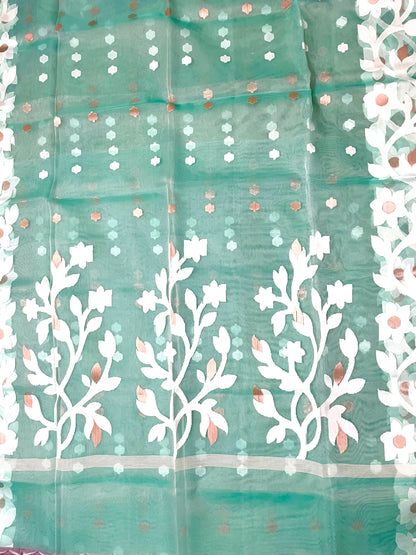 Sea Green Resham Silk Muslin Handloom Jamdani Saree with unstitched Blouse