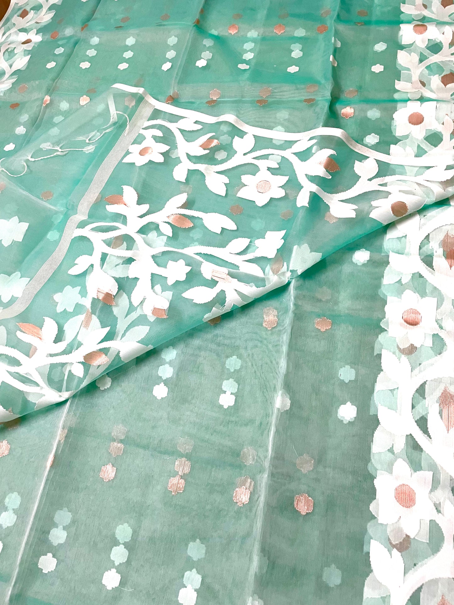 Sea Green Resham Silk Muslin Handloom Jamdani Saree with unstitched Blouse