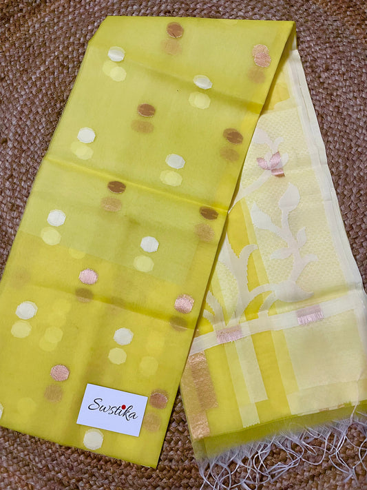 Mustard Yellow Resham Silk Muslin Handloom Jamdani Saree with unstitched Blouse