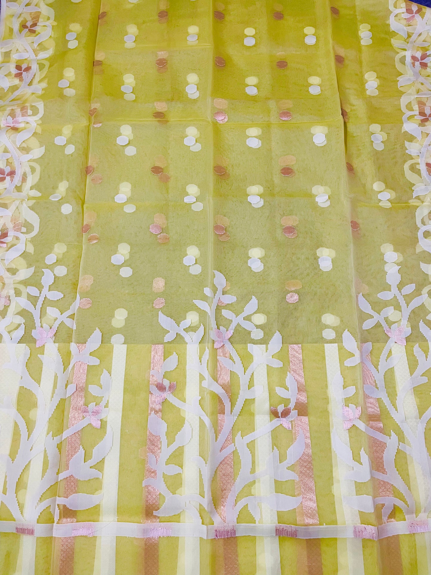 Mustard Yellow Resham Silk Muslin Handloom Jamdani Saree with unstitched Blouse