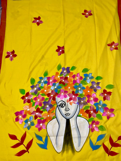 Hand Painted Doll design Mul-Cotton Saree (Yellow)