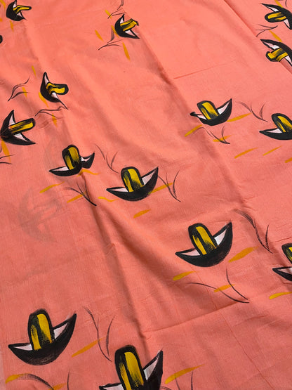 Hand Painted Nauko (Boat) design Mul-Cotton Saree (Fluorescent Peach)