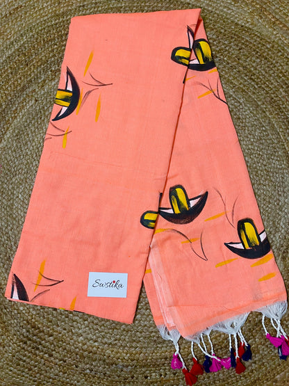 Hand Painted Nauko (Boat) design Mul-Cotton Saree (Fluorescent Peach)