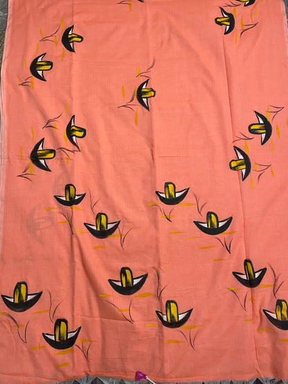 Hand Painted Nauko (Boat) design Mul-Cotton Saree (Fluorescent Peach)