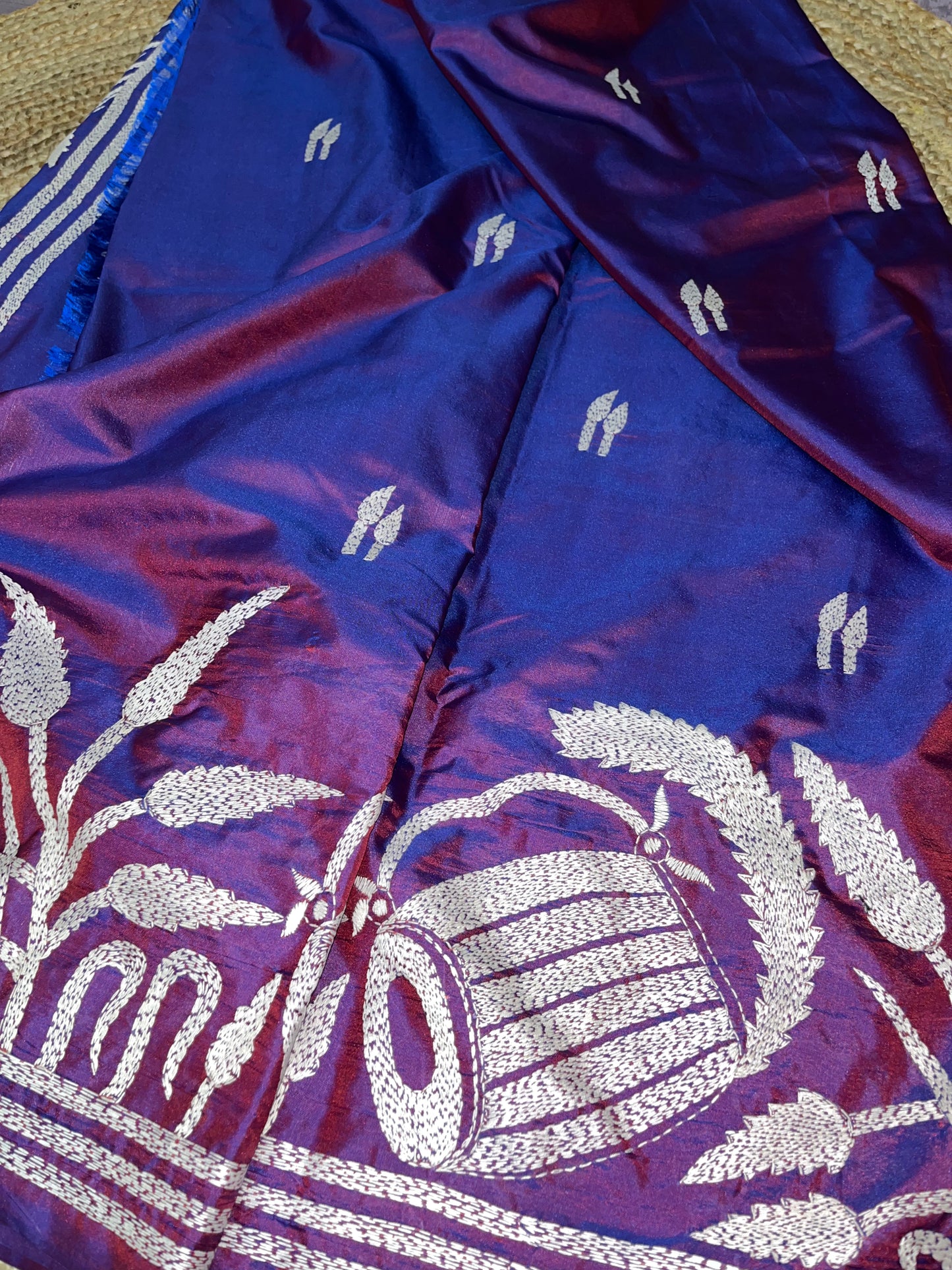 Kantha Stitch with Kash Phul & Dhak design on blended Bangalore Silk