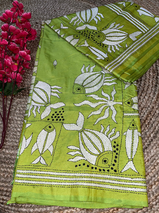 Kantha Stitch with Fish Motifs on Blended Bangalore Silk (hand work)