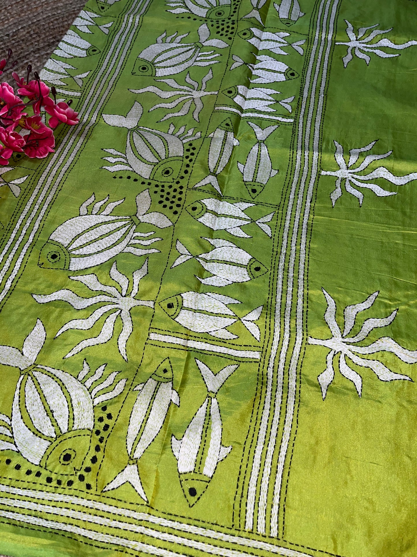 Kantha Stitch with Fish Motifs on Blended Bangalore Silk (hand work)