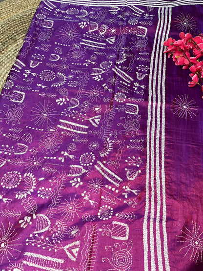 Kantha stitch with Worli design on blended Bangalore Silk