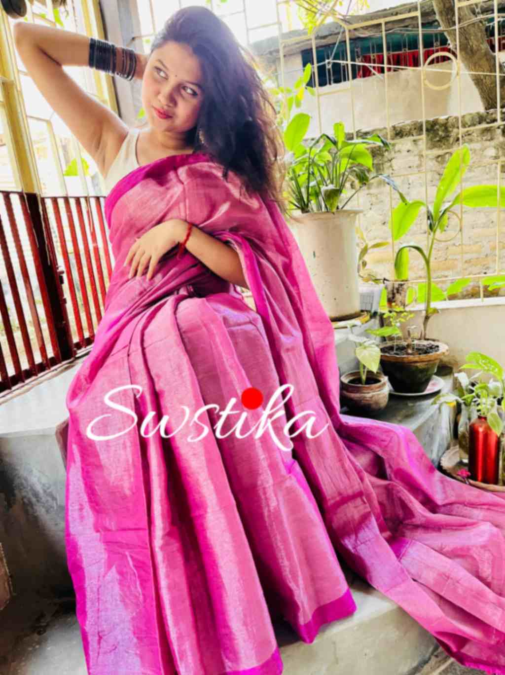 Purple Silver Linen Zari Saree with unstitched blouse piece