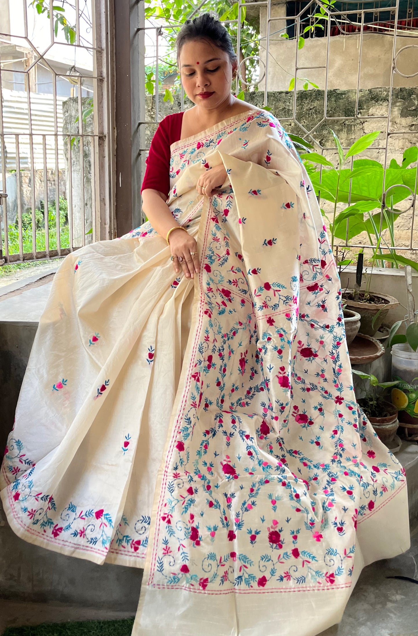 Parsi Gara Work on Semi Tussar Silk Saree (Off White)