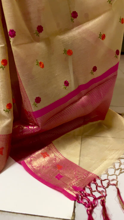 Cotton Tissue Embroidery Saree (Sandal Wood)