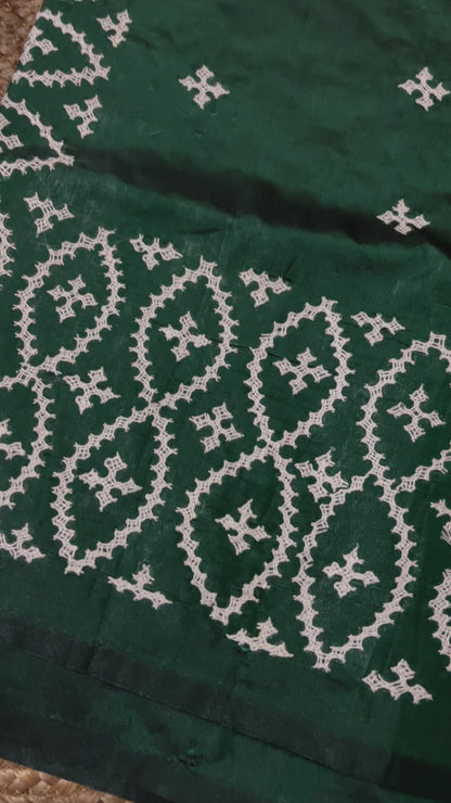 Gujarati Stitch on Blended Bangalore Silk (Bottle Green)