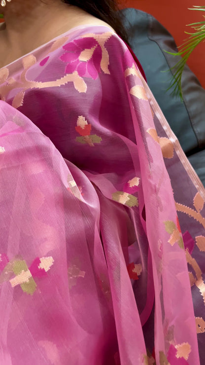 Baby Pink Resham Silk Muslin Handloom Jamdani Saree