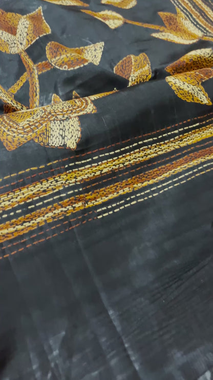 Kantha Stitch Floral Motif Saree (Black) on Blended Bangalore Silk